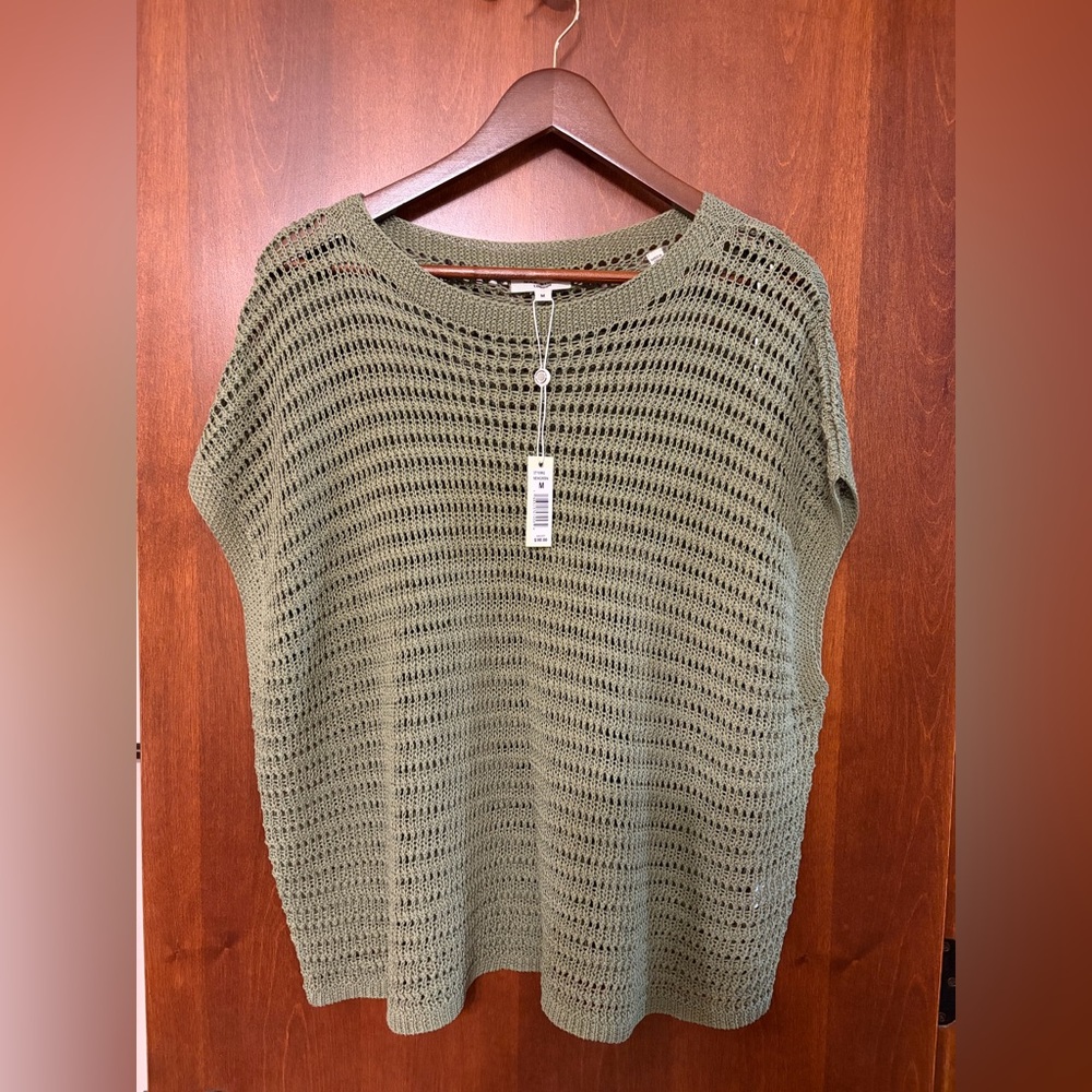 New Max Studio London Olive Open-Knit Short Sleeve Sweater women’s M